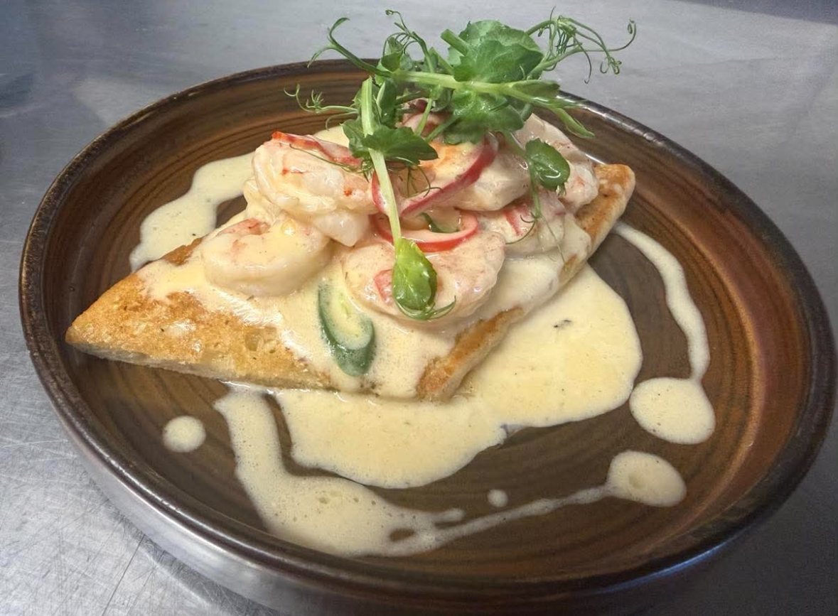 Piri piri king prawns in a garlic cream on toasted ciabatta